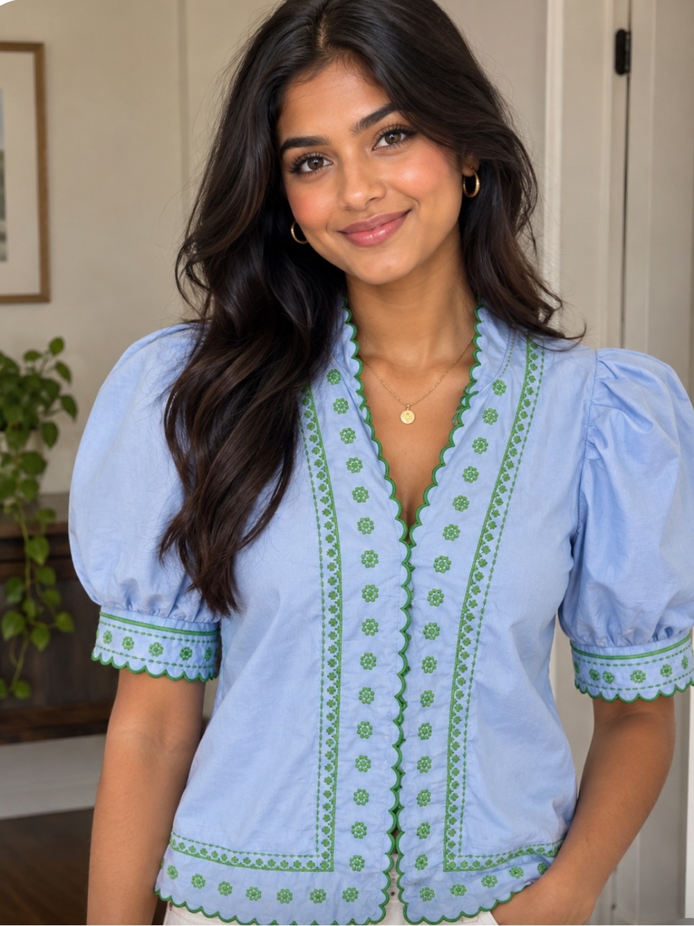 Entro Medium Light Blue Cotton Puff-Sleeve Top with Green Embroidery